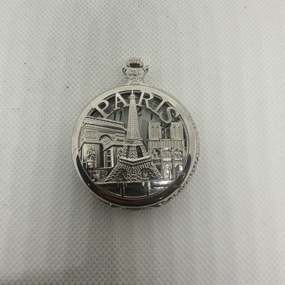 Paris Eiffel Tower Pocket Watch Silver Tone White Dial Chain Fob Vintage Style